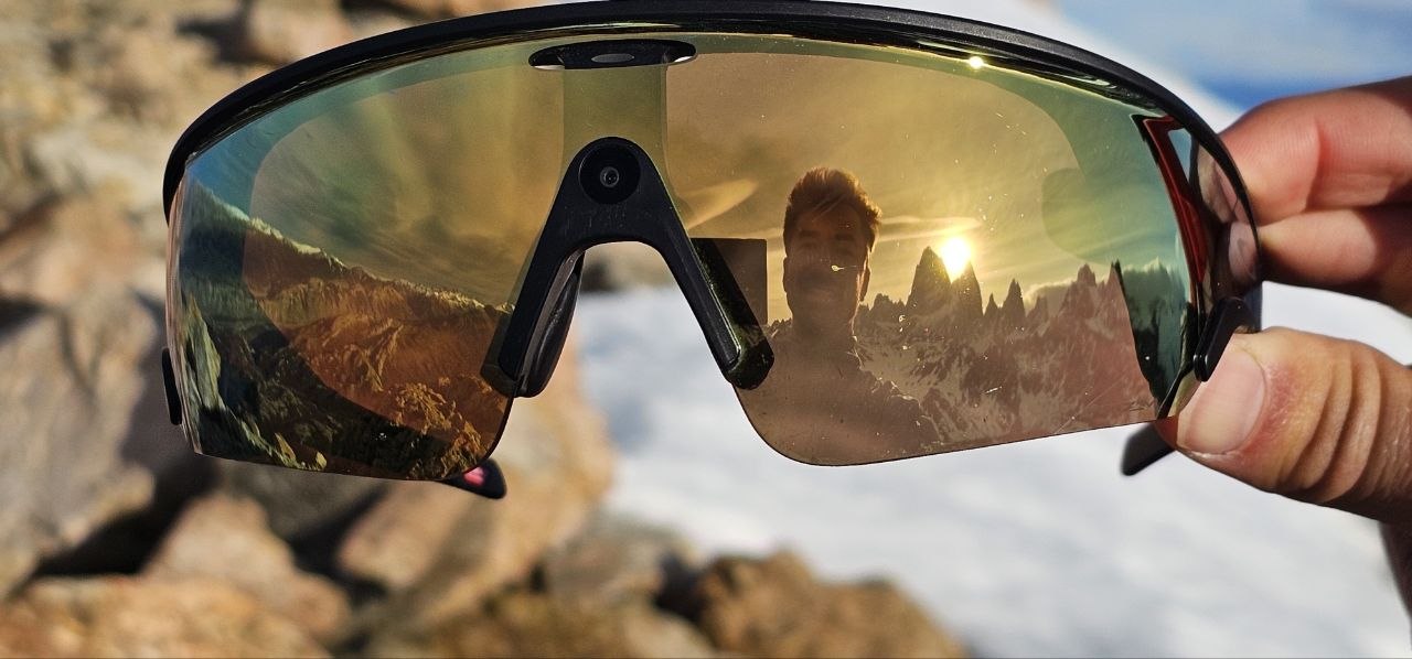 Oakley Vanguard × Meta — Fitz Roy and Ed reflected in the lens, El Chaltén, Patagonia